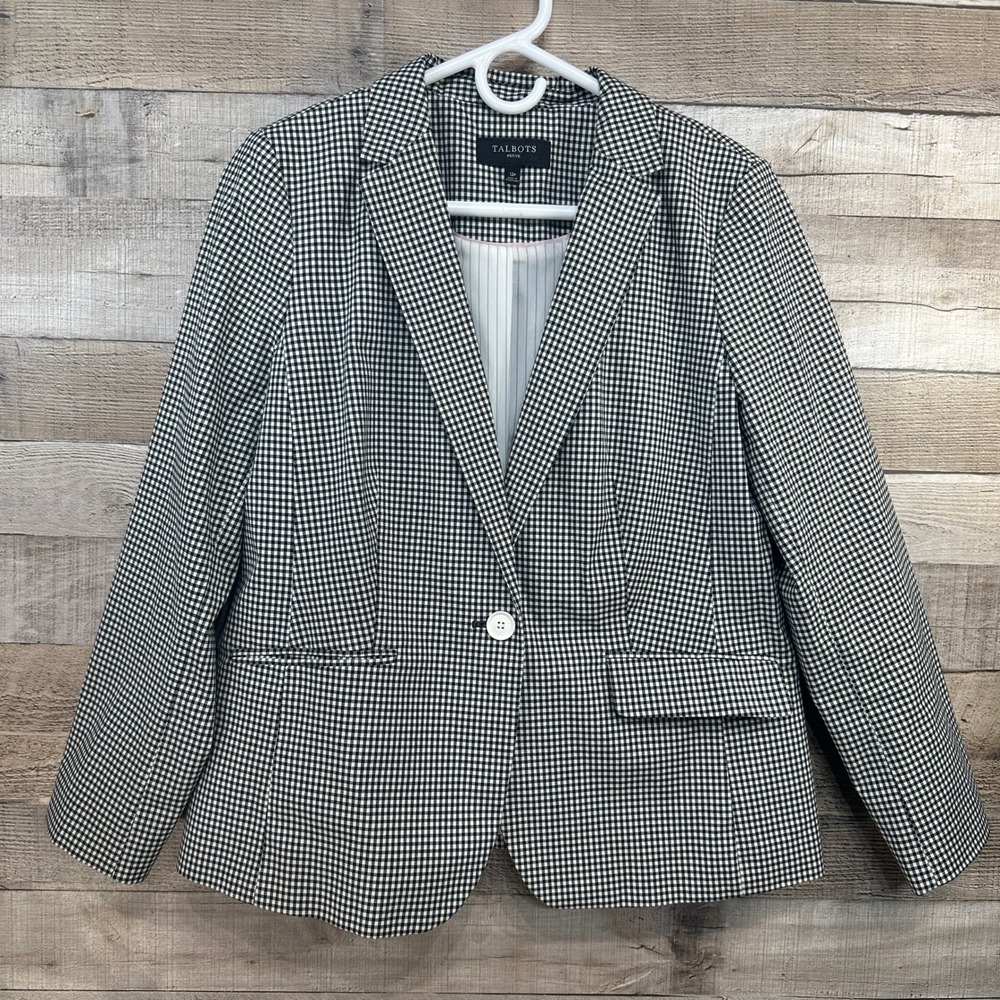 Talbots Petite Black White Gingham One Button Blazer Jacket 12P Pinstripe Lining